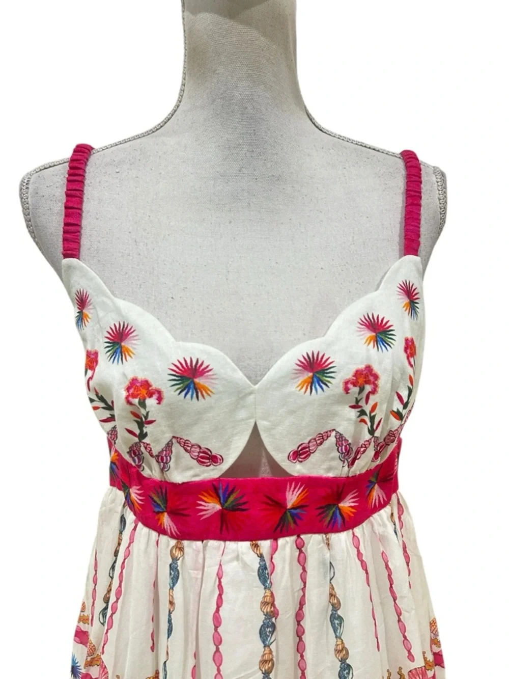 NWT SALONI Naki Cream linen Maxi sunDress scalloped neck cut outs Pink shell 8 - Picture 5 of 11